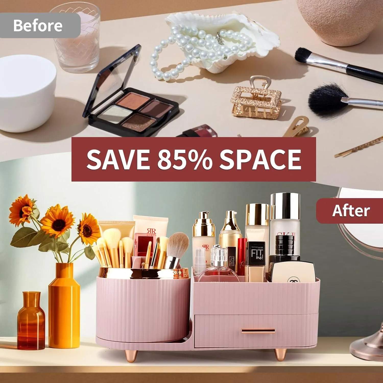 Beborxue 360° Rotating Makeup Organizer for Vanity with Drawers, Large Capacity Cosmetic Display Case, skincare organizer, Cosmetic Organizer for Lipstick, Skincare, Brushes, Eyeshadow, (Pink)