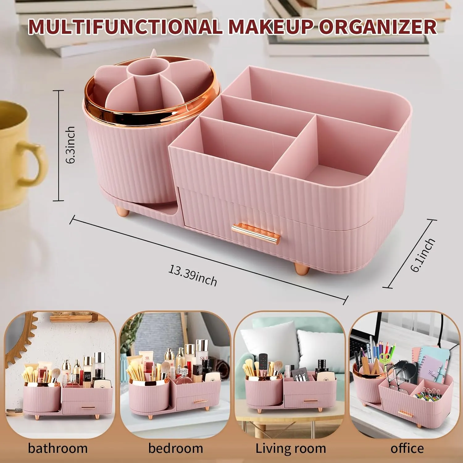 Beborxue 360° Rotating Makeup Organizer for Vanity with Drawers, Large Capacity Cosmetic Display Case, skincare organizer, Cosmetic Organizer for Lipstick, Skincare, Brushes, Eyeshadow, (Pink)