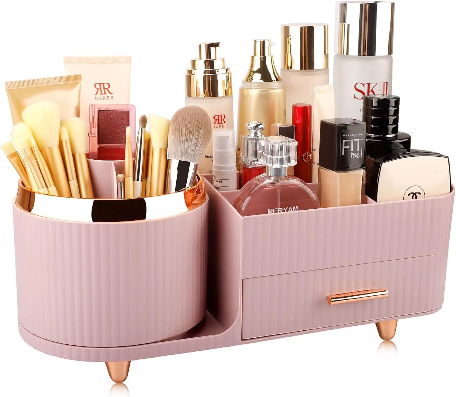 Beborxue 360° Rotating Makeup Organizer for Vanity with Drawers, Large Capacity Cosmetic Display Case, skincare organizer, Cosmetic Organizer for Lipstick, Skincare, Brushes, Eyeshadow, (Pink)