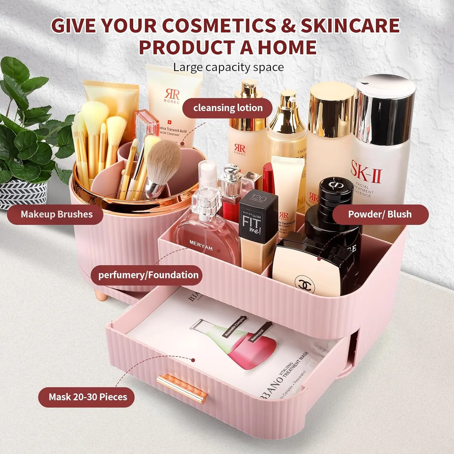 Beborxue 360° Rotating Makeup Organizer for Vanity with Drawers, Large Capacity Cosmetic Display Case, skincare organizer, Cosmetic Organizer for Lipstick, Skincare, Brushes, Eyeshadow, (Pink)