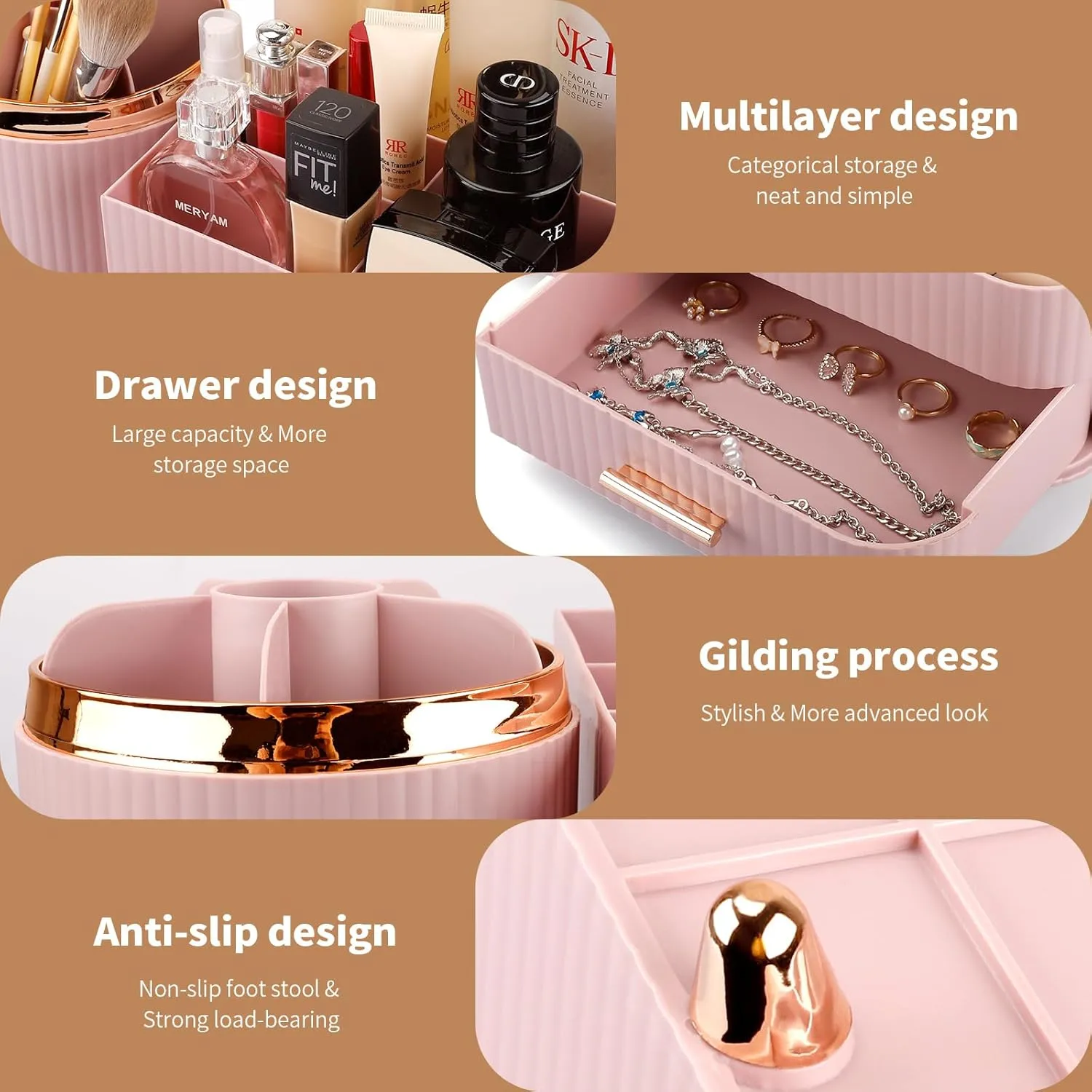 Beborxue 360° Rotating Makeup Organizer for Vanity with Drawers, Large Capacity Cosmetic Display Case, skincare organizer, Cosmetic Organizer for Lipstick, Skincare, Brushes, Eyeshadow, (Pink)