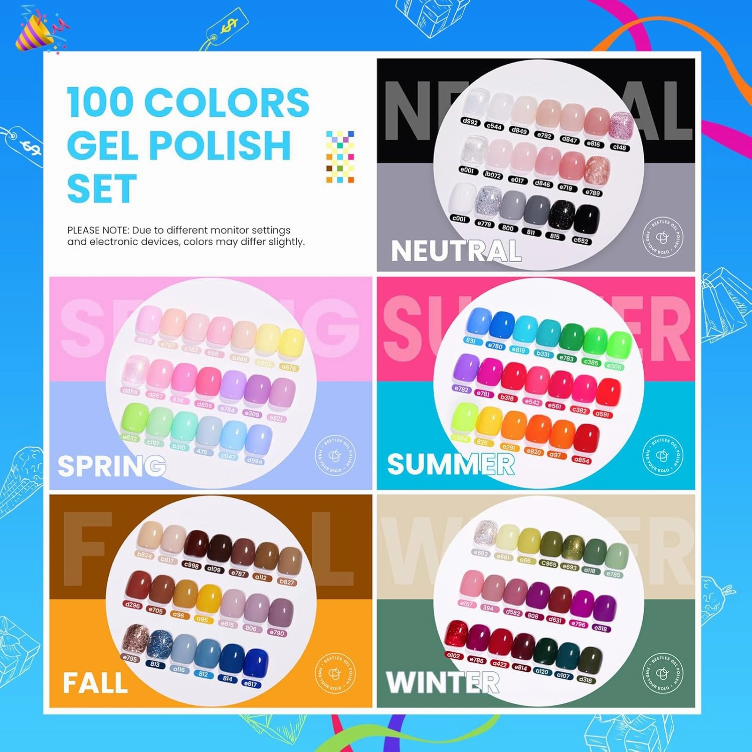 Beetles 110 PCS Gel Nail Polish Set, 100 Colors Infinite Inspiration All Season Red Brown Green Black Gel Polish with 5Pcs Base Top Coat Soak off UV Gel for Manicure Lovers DIY at Home Gifts for Women