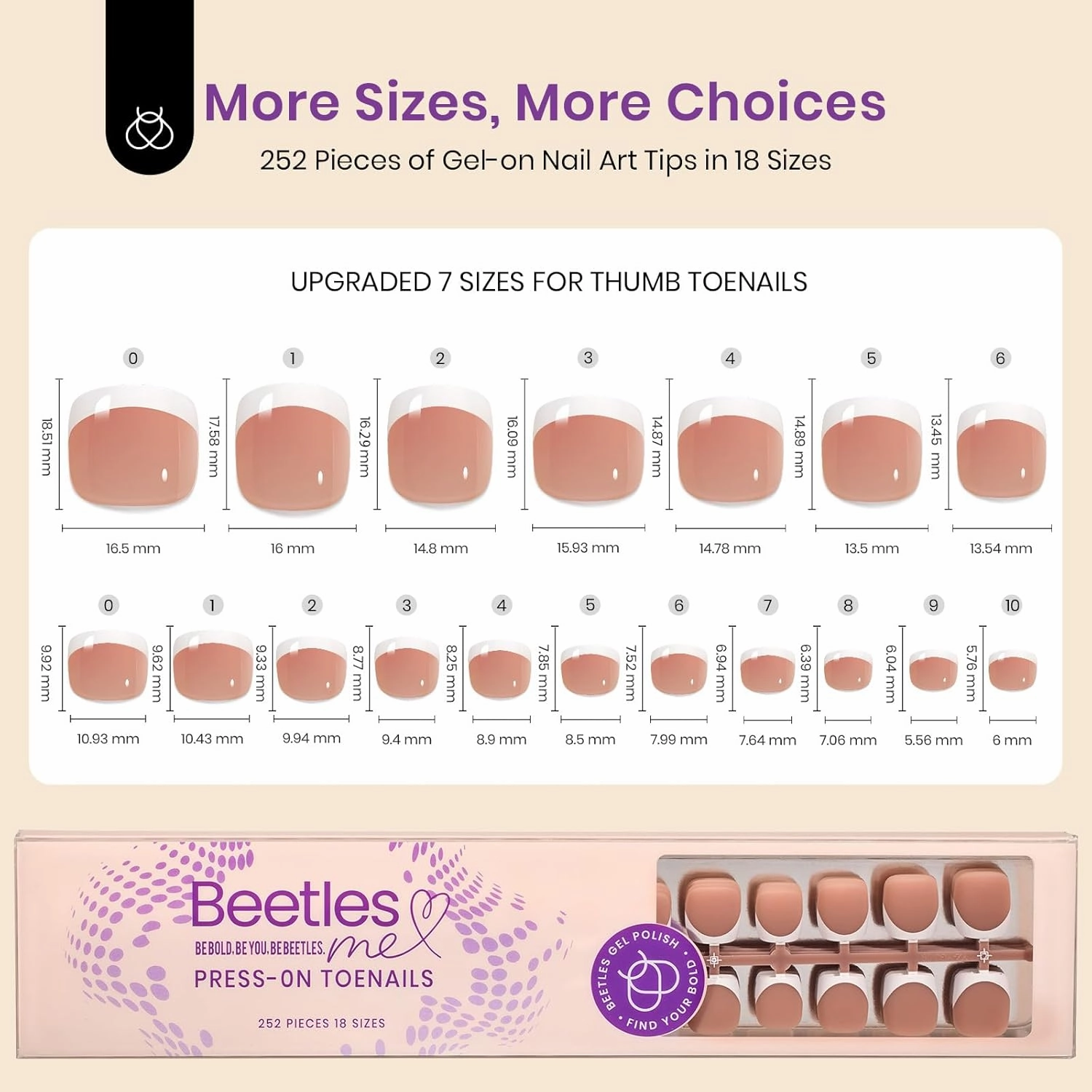 Beetles French Tip Toe Nail Press Ons, 252 Pcs Toe Press On Nails Nude Brown Short Square Toe Nail Press On, Fake Toenails in 18 Sizes for Women