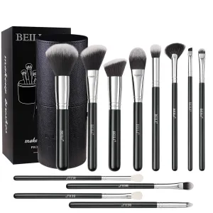 BEILI Makeup Brushes 12pcs Makeup Brushes Set with Holder Premium Synthetic Kabuki Foundation Brush Blending Blush Concealer Full Face Makeup Brushes Kit With Gift Box(Black)