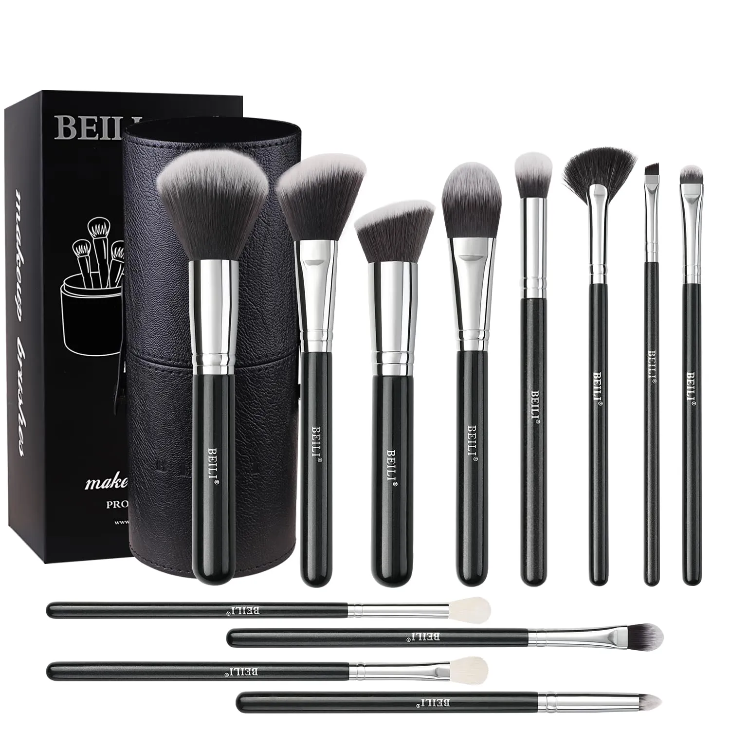 BEILI Makeup Brushes 12pcs Makeup Brushes Set with Holder Premium Synthetic Kabuki Foundation Brush Blending Blush Concealer Full Face Makeup Brushes Kit With Gift Box(Black)