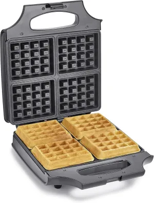 BELLA Classic Waffle Iron, 4 Square Belgian Waffle Maker, Non-stick Extra Large Plates for Easy Cleanup, Cool Touch Handles, Stainless Steel, Black, 1400W