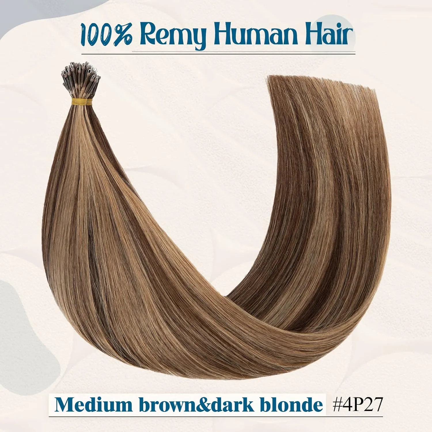 Benehair 20 inch Highlighted Nano Ring Human Hair Extensions Medium Brown & Dark Blonde Pre Bonded Keratin Fusion Stick Tip Iron Loop Link Straight Micro Bead Remy Hairpiece for Women 50 strands 50g #4&27