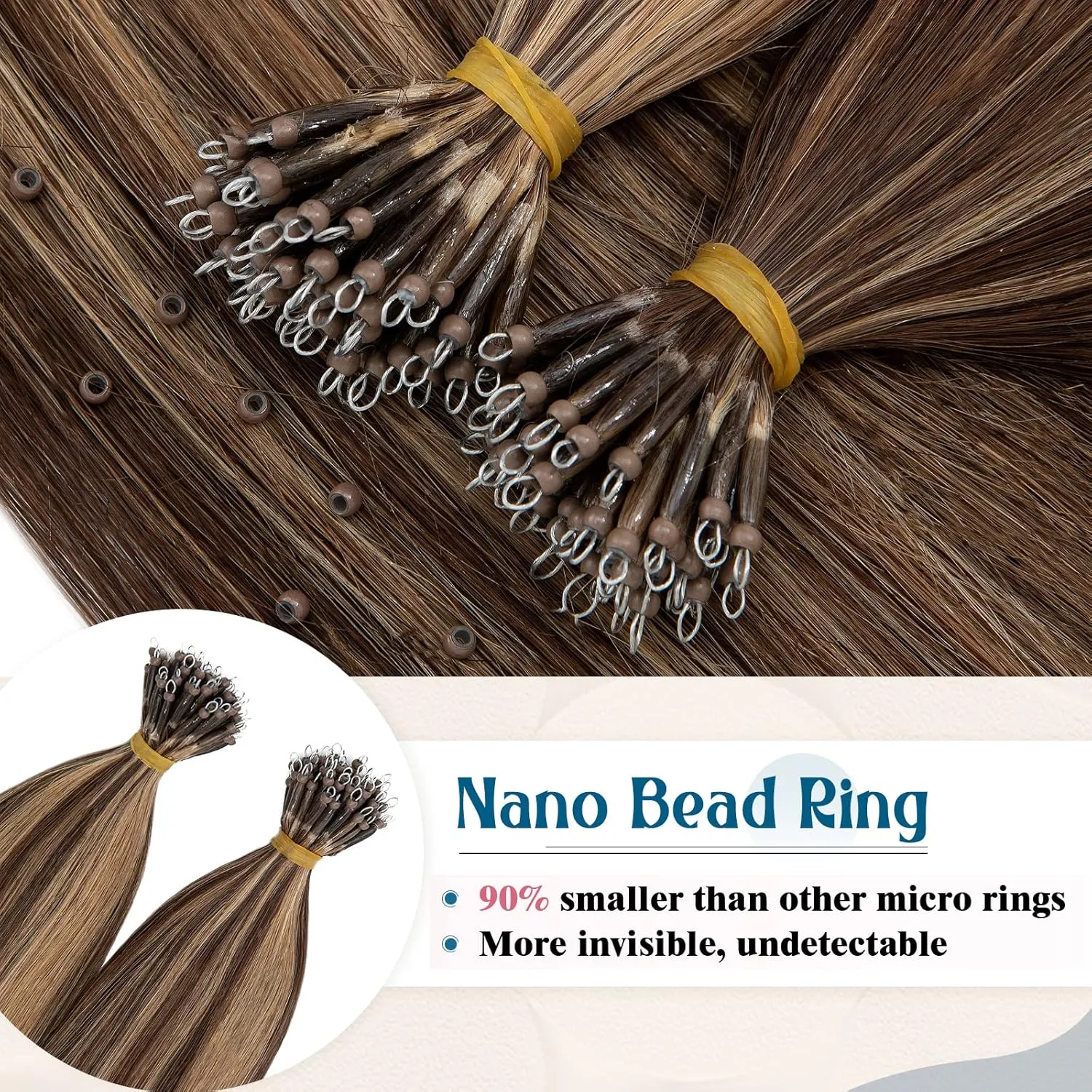 Benehair 20 inch Highlighted Nano Ring Human Hair Extensions Medium Brown & Dark Blonde Pre Bonded Keratin Fusion Stick Tip Iron Loop Link Straight Micro Bead Remy Hairpiece for Women 50 strands 50g #4&27