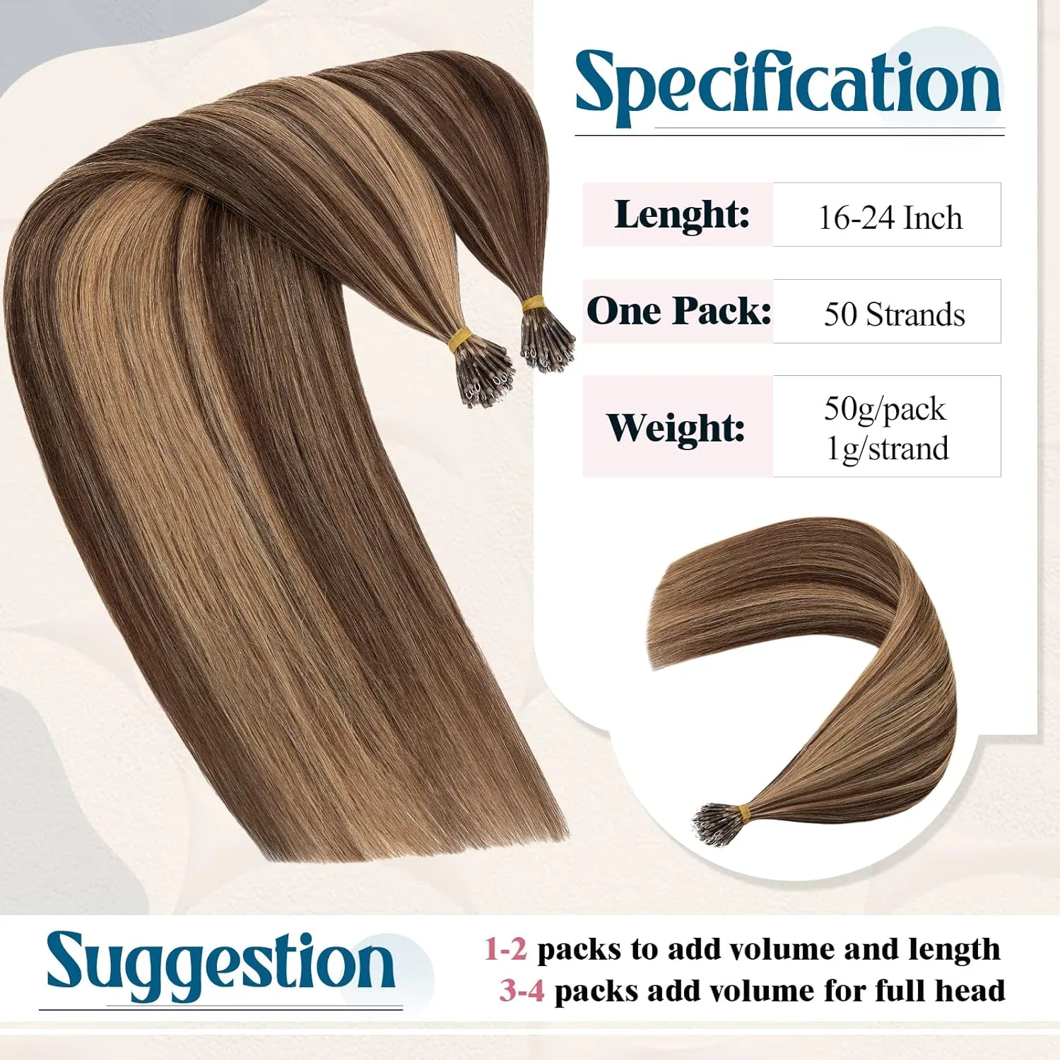 Benehair 20 inch Highlighted Nano Ring Human Hair Extensions Medium Brown & Dark Blonde Pre Bonded Keratin Fusion Stick Tip Iron Loop Link Straight Micro Bead Remy Hairpiece for Women 50 strands 50g #4&27