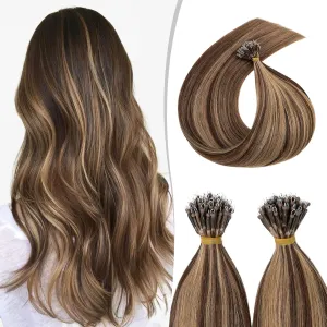 Benehair 20 inch Highlighted Nano Ring Human Hair Extensions Medium Brown & Dark Blonde Pre Bonded Keratin Fusion Stick Tip Iron Loop Link Straight Micro Bead Remy Hairpiece for Women 50 strands 50g #4&27