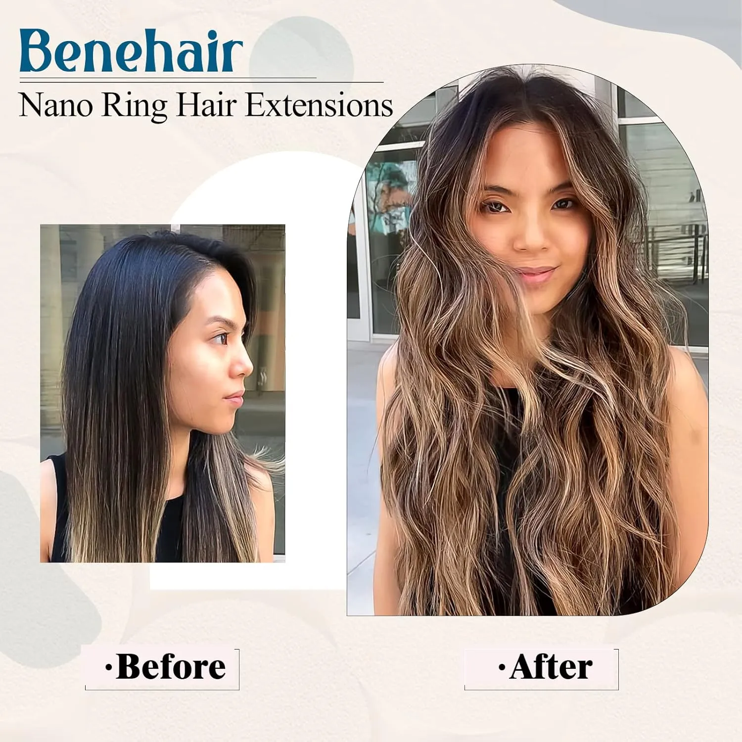 Benehair 20 inch Highlighted Nano Ring Human Hair Extensions Medium Brown & Dark Blonde Pre Bonded Keratin Fusion Stick Tip Iron Loop Link Straight Micro Bead Remy Hairpiece for Women 50 strands 50g #4&27