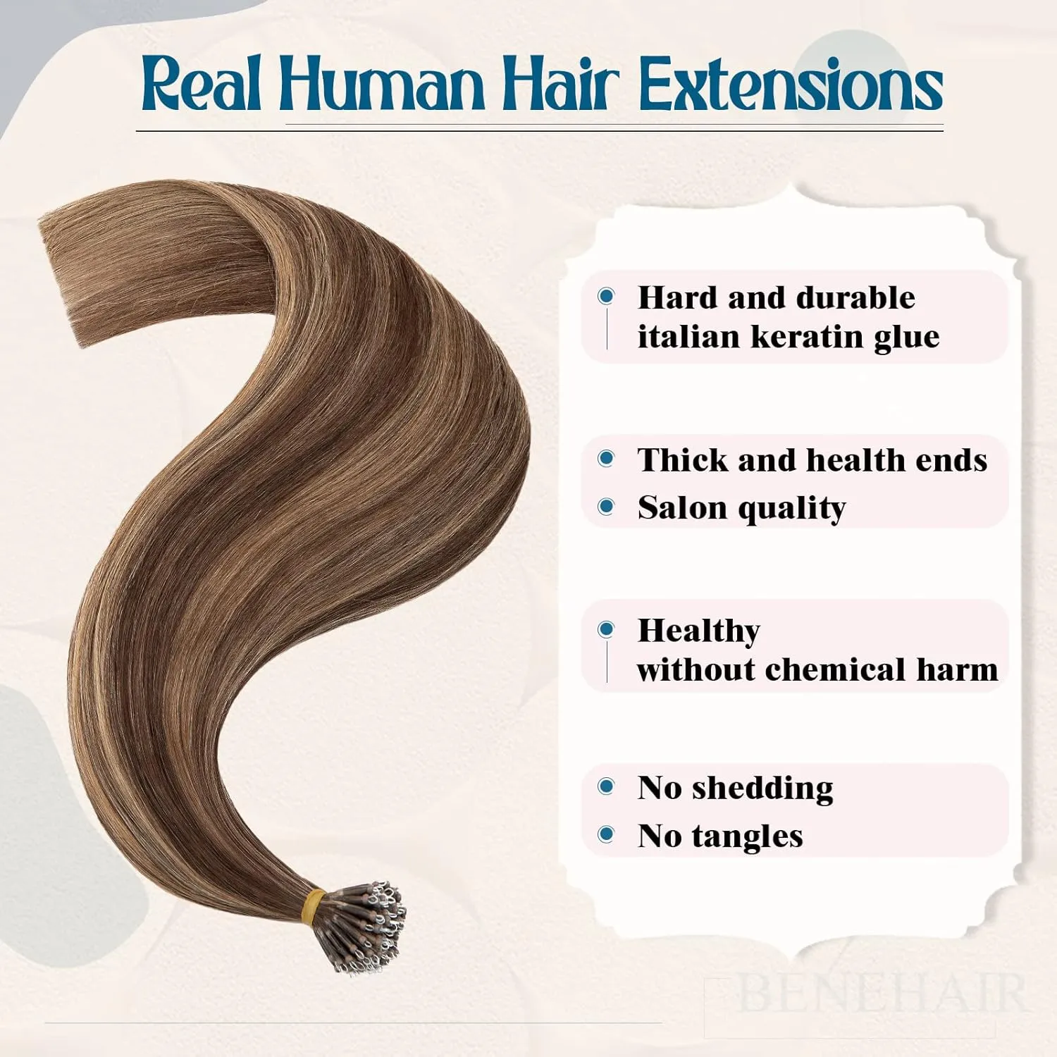 Benehair 20 inch Highlighted Nano Ring Human Hair Extensions Medium Brown & Dark Blonde Pre Bonded Keratin Fusion Stick Tip Iron Loop Link Straight Micro Bead Remy Hairpiece for Women 50 strands 50g #4&27