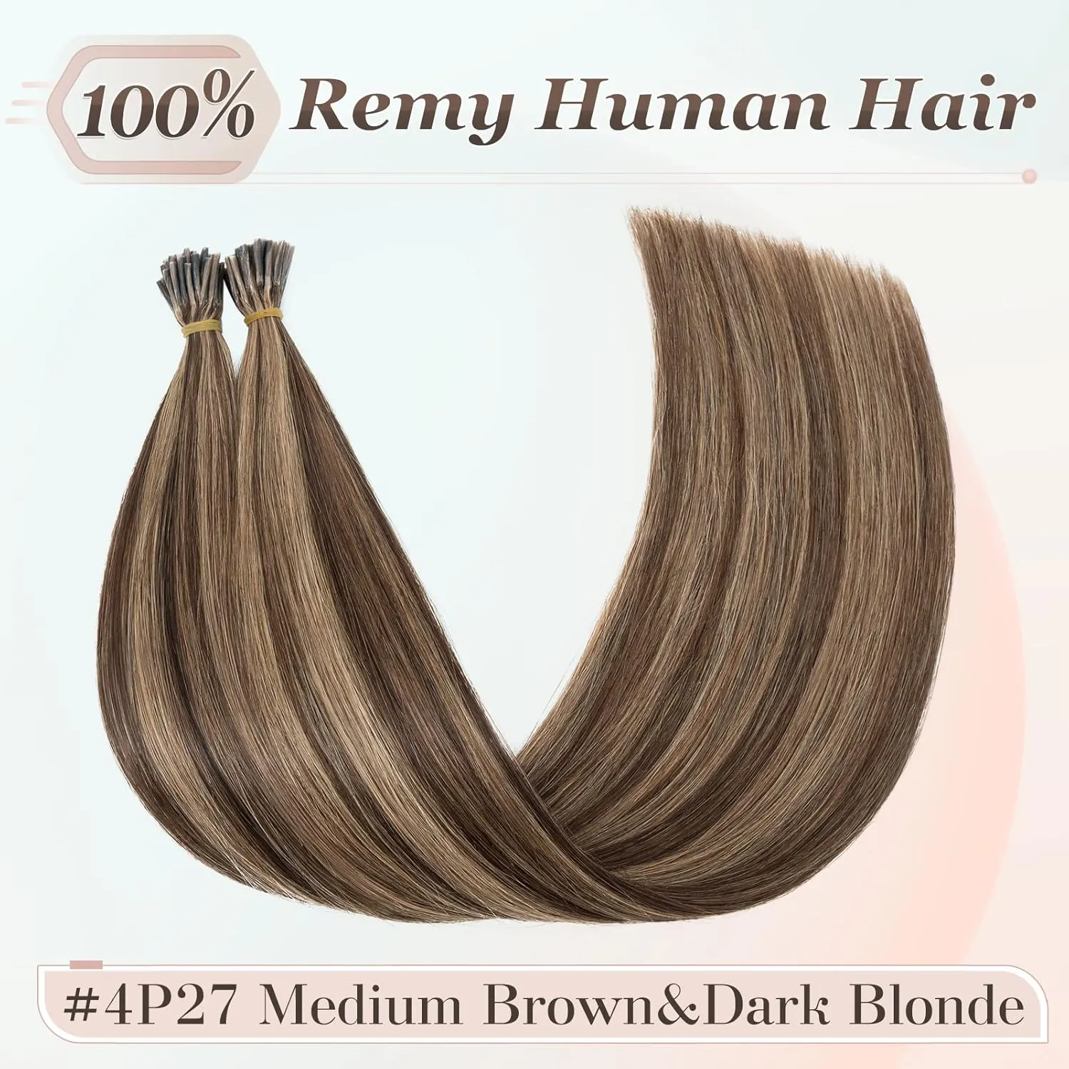Benehair I Tip Hair Extensions Human Hair 16 Inch Cold Fusion Hair Extensions #4P27 Medium Brown&Dark Blonde Pre Bonded Real Human Hair Extensions Stick Hair Extensions 50g 50pcs