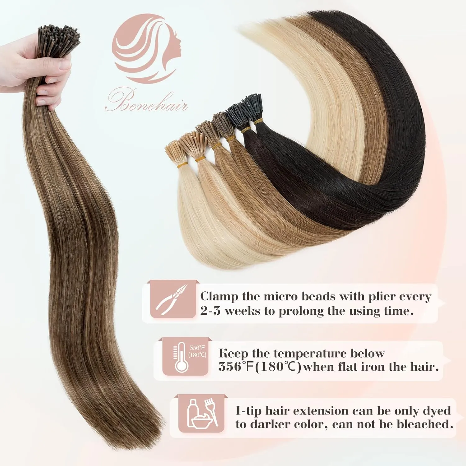 Benehair I Tip Hair Extensions Human Hair 16 Inch Cold Fusion Hair Extensions #4P27 Medium Brown&Dark Blonde Pre Bonded Real Human Hair Extensions Stick Hair Extensions 50g 50pcs