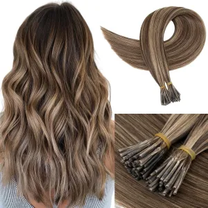 Benehair I Tip Hair Extensions Human Hair 16 Inch Cold Fusion Hair Extensions #4P27 Medium Brown&Dark Blonde Pre Bonded Real Human Hair Extensions Stick Hair Extensions 50g 50pcs