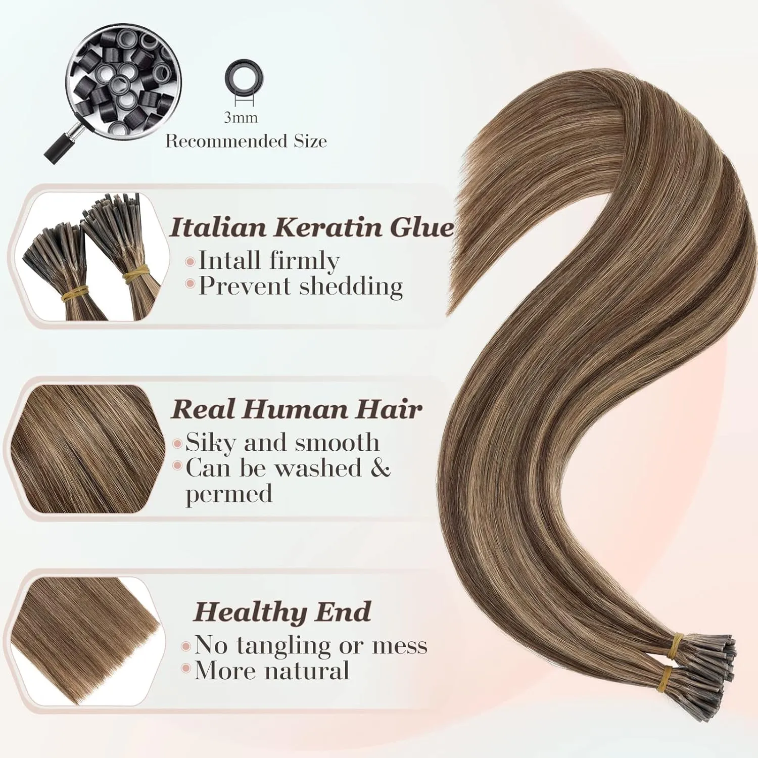 Benehair I Tip Hair Extensions Human Hair 16 Inch Cold Fusion Hair Extensions #4P27 Medium Brown&Dark Blonde Pre Bonded Real Human Hair Extensions Stick Hair Extensions 50g 50pcs