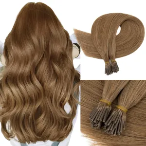 Benehair I Tip Hair Extensions Human Hair 16 Inch Cold Fusion Hair Extensions #6 Light Brown Pre Bonded Real Human Hair Extensions 50g 50pcs