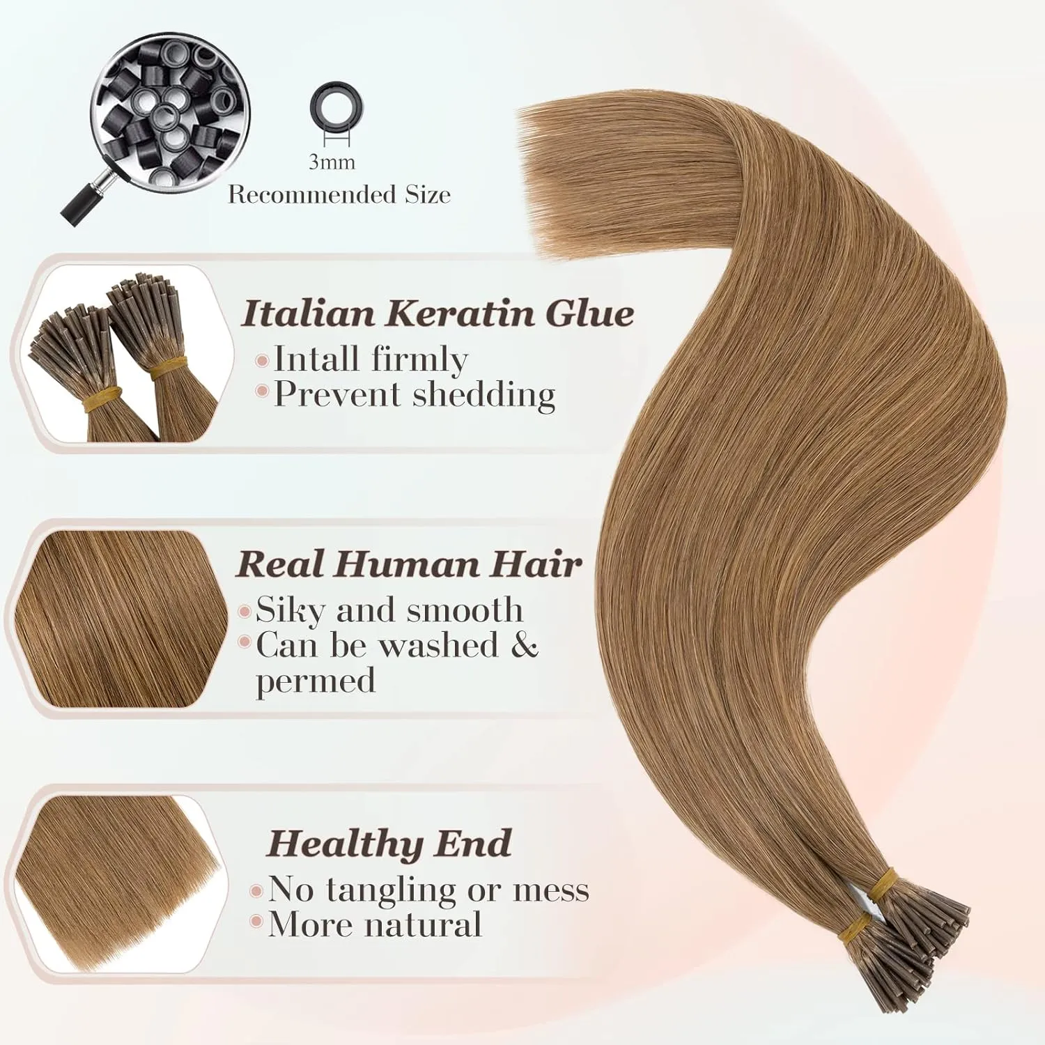 Benehair I Tip Hair Extensions Human Hair 16 Inch Cold Fusion Hair Extensions #6 Light Brown Pre Bonded Real Human Hair Extensions 50g 50pcs