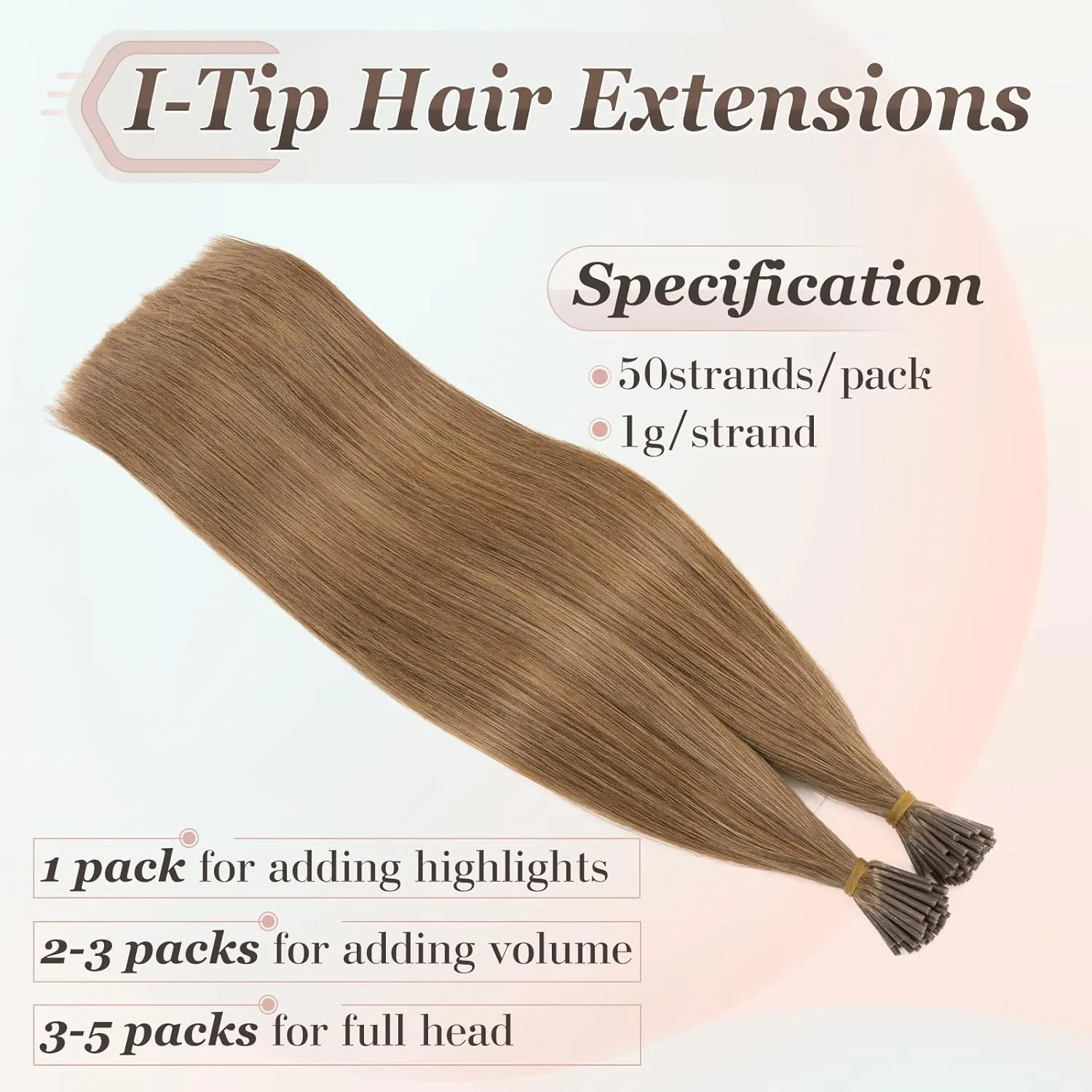 Benehair I Tip Hair Extensions Human Hair 16 Inch Cold Fusion Hair Extensions #6 Light Brown Pre Bonded Real Human Hair Extensions 50g 50pcs