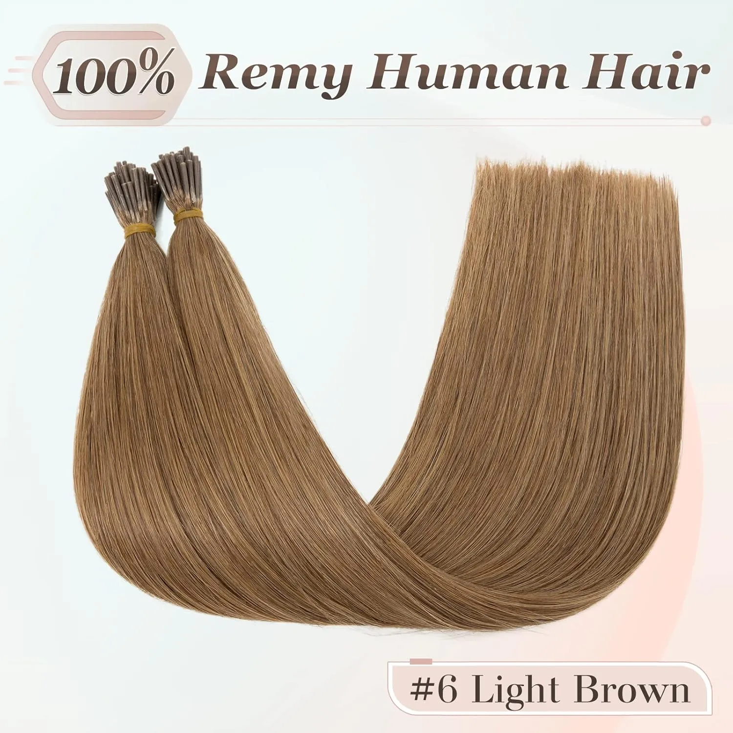 Benehair I Tip Hair Extensions Human Hair 16 Inch Cold Fusion Hair Extensions #6 Light Brown Pre Bonded Real Human Hair Extensions 50g 50pcs