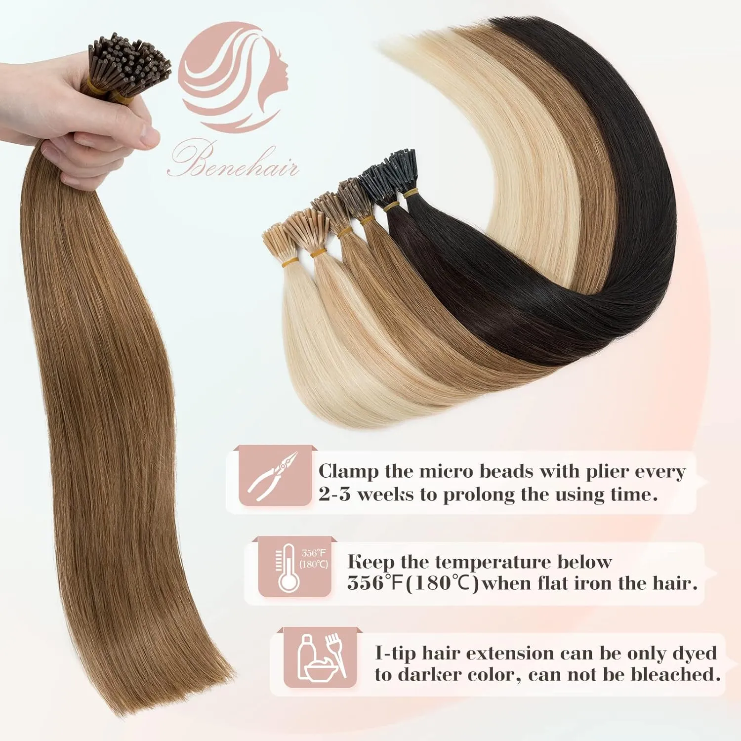 Benehair I Tip Hair Extensions Human Hair 16 Inch Cold Fusion Hair Extensions #6 Light Brown Pre Bonded Real Human Hair Extensions 50g 50pcs
