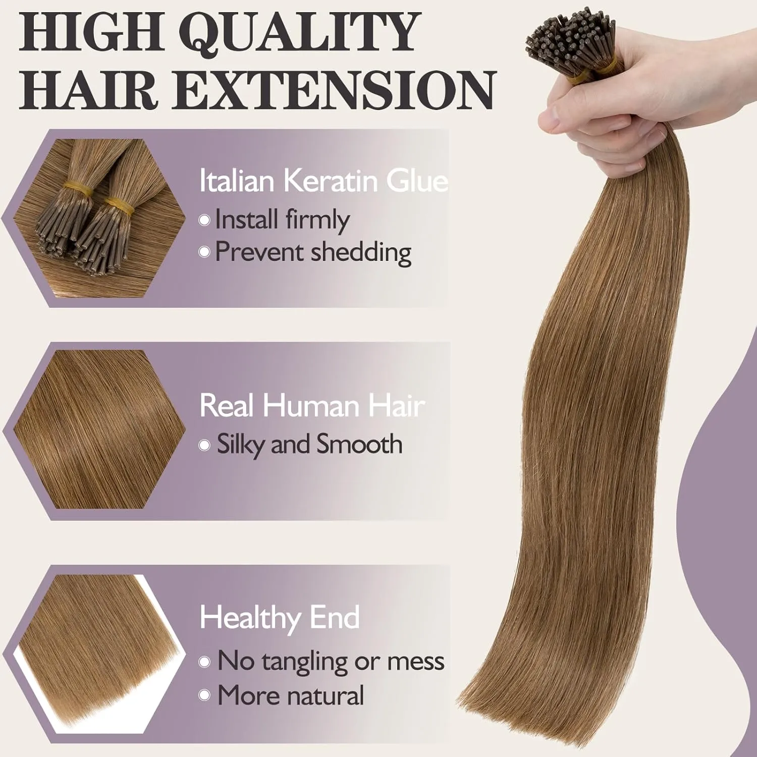 Benehair I Tip Hair Extensions Human Hair Brown Straight Remy Stick Tip Hair Extensions 16 Inch 1g/s 50g/pack Pre Bonded I Tip Human Hair Extensions for Thinning Hair(#6 Light Brown, 16")