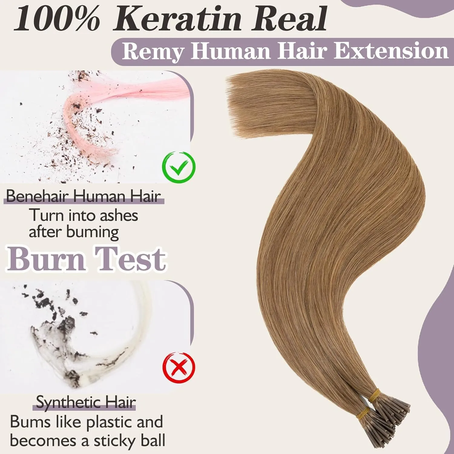 Benehair I Tip Hair Extensions Human Hair Brown Straight Remy Stick Tip Hair Extensions 16 Inch 1g/s 50g/pack Pre Bonded I Tip Human Hair Extensions for Thinning Hair(#6 Light Brown, 16")
