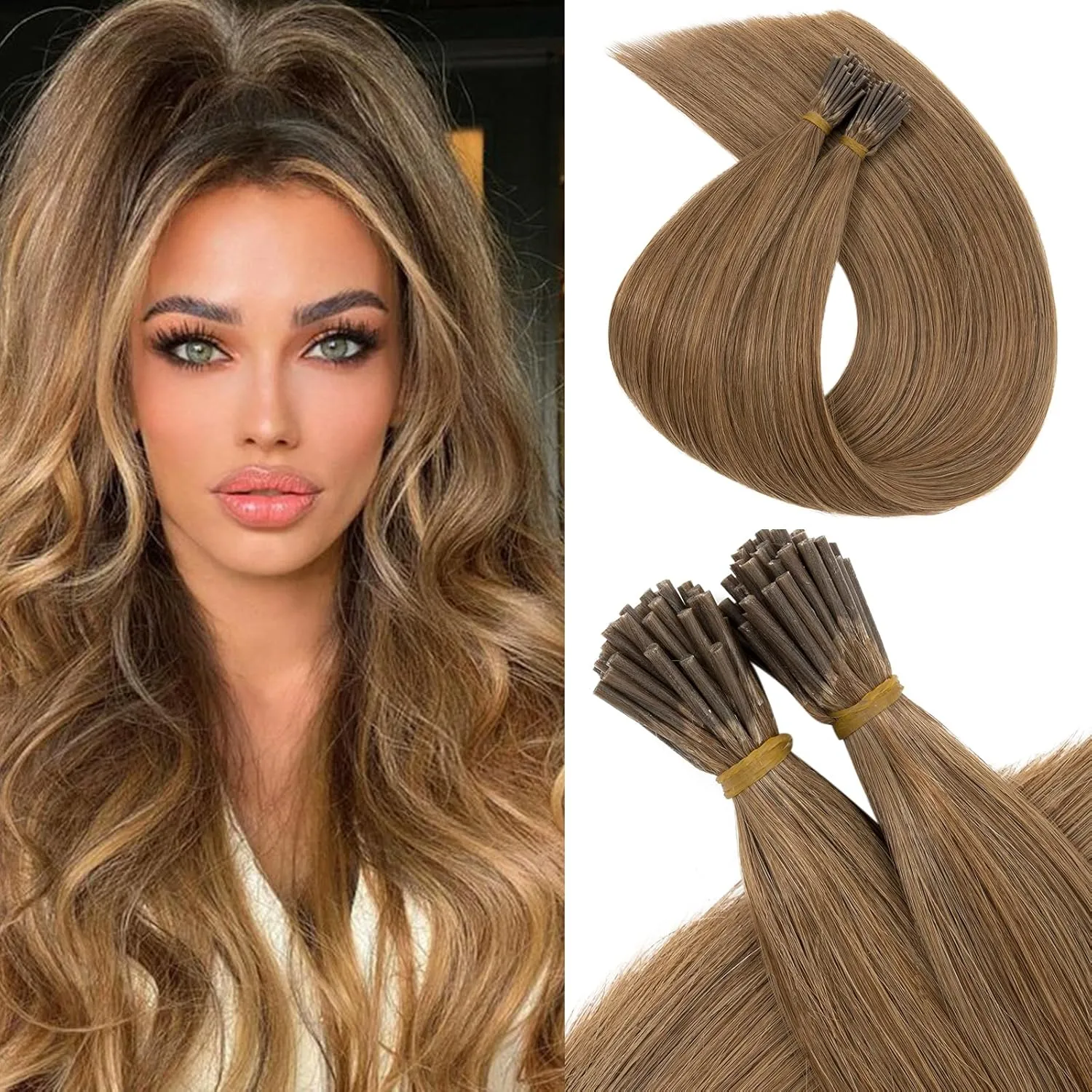 Benehair I Tip Hair Extensions Human Hair Brown Straight Remy Stick Tip Hair Extensions 16 Inch 1g/s 50g/pack Pre Bonded I Tip Human Hair Extensions for Thinning Hair(#6 Light Brown, 16")