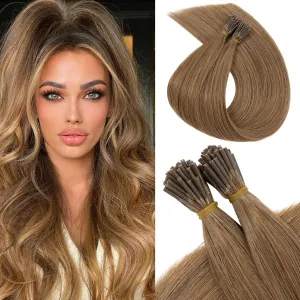 Benehair I Tip Hair Extensions Human Hair Brown Straight Remy Stick Tip Hair Extensions 16 Inch 1g/s 50g/pack Pre Bonded I Tip Human Hair Extensions for Thinning Hair(#6 Light Brown, 16")