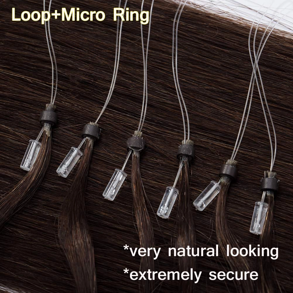 Benehair Micro Loop Ring Human Hair Extensions 100 Strands 50g Hairpiece Remy Stick Hair for Women Highlighted Medium Brown 16inch #4