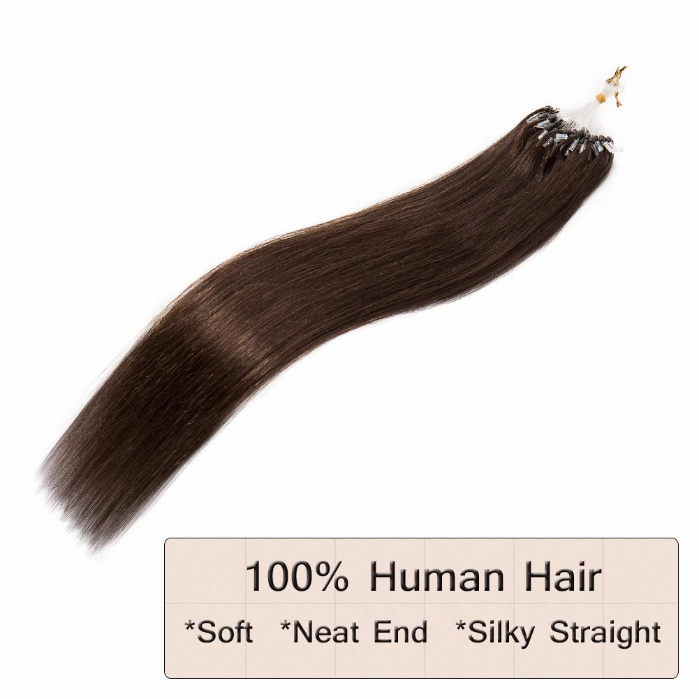 Benehair Micro Loop Ring Human Hair Extensions 100 Strands 50g Hairpiece Remy Stick Hair for Women Highlighted Medium Brown 16inch #4