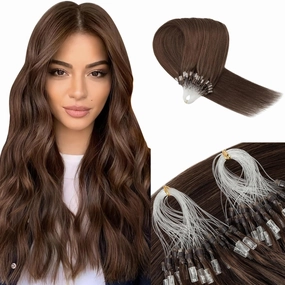 Benehair Micro Loop Ring Human Hair Extensions 100 Strands 50g Hairpiece Remy Stick Hair for Women Highlighted Medium Brown 16inch #4