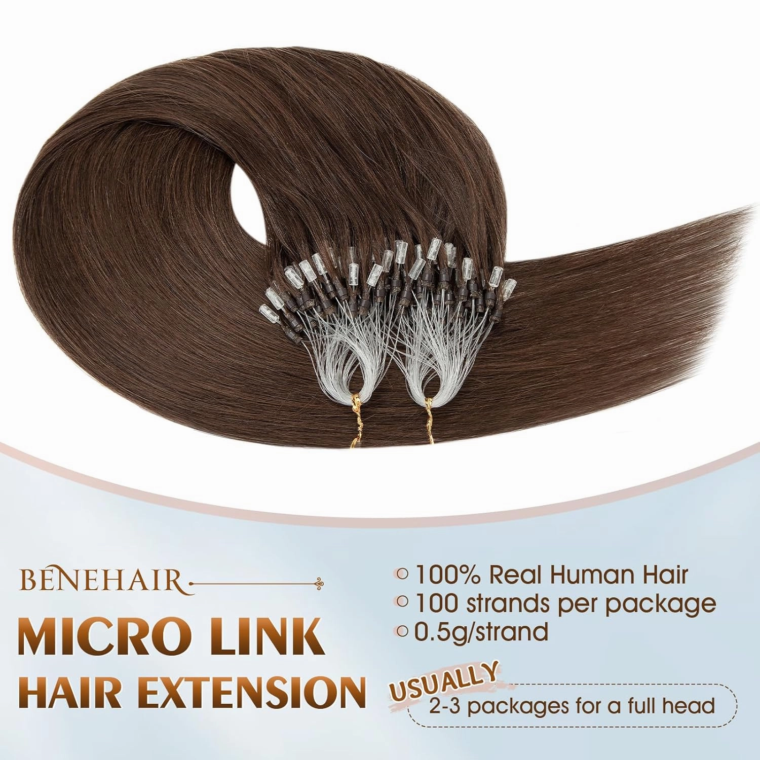 Benehair Micro Loop Ring Human Hair Extensions 100 Strands 50g Hairpiece Remy Stick Hair for Women Highlighted Medium Brown 16inch #4