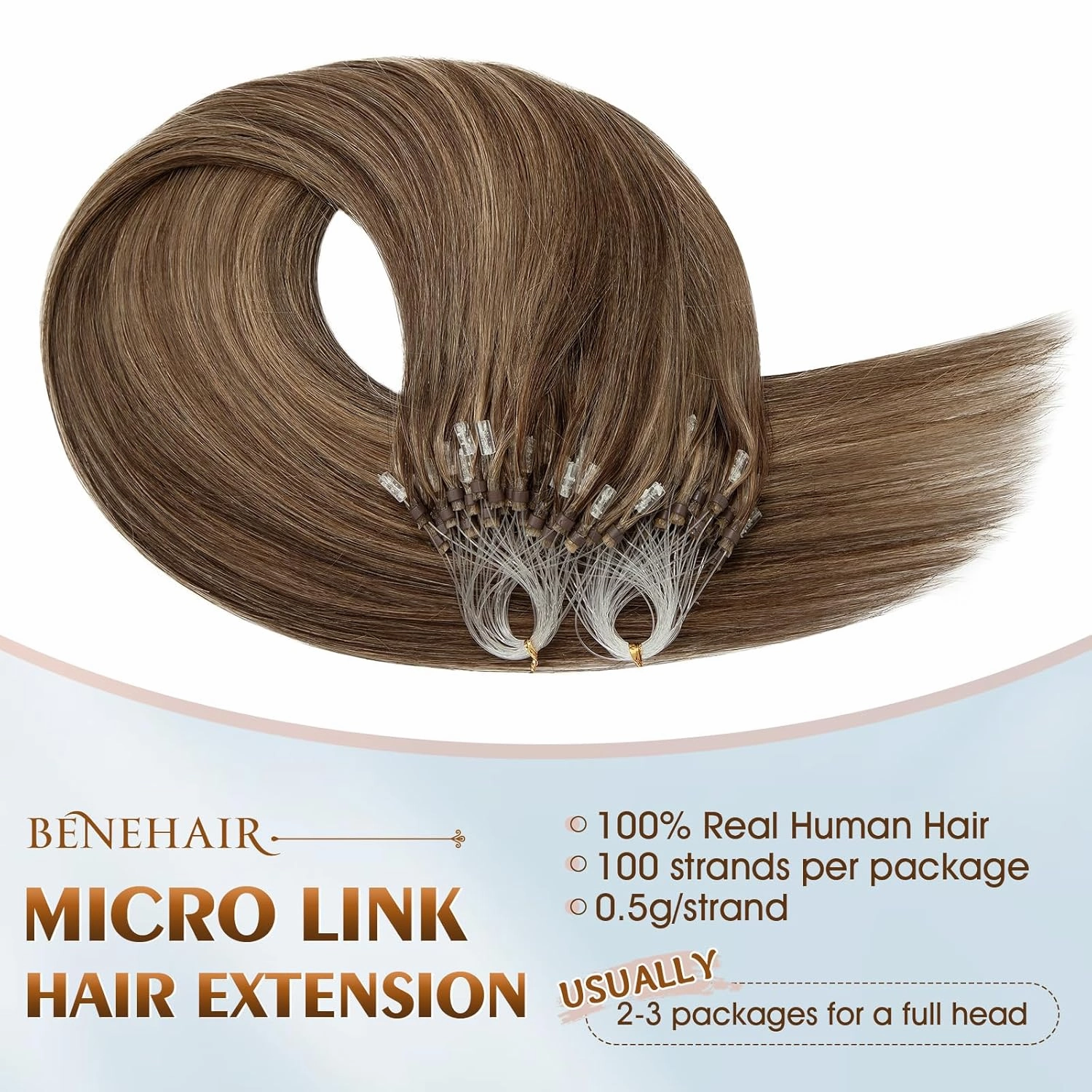 Benehair Micro Loop Ring Remy Human Hair Extensions Hair Extension Medium Brown & Dark Blonde 100 Strands 50g Highlighted Stick Hairpiece 18 inch #4&27
