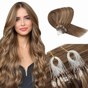 Benehair Micro Loop Ring Remy Human Hair Extensions Hair Extension Medium Brown & Dark Blonde 100 Strands 50g Highlighted Stick Hairpiece 18 inch #4&27