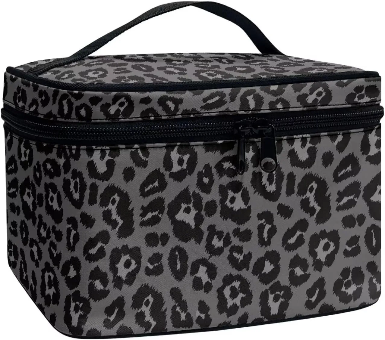 Black Leopard Print Makeup Bag Travel Toiletry Bag with Brush Holder Large Travel Makeup Cosmetics Case Organizer Bag Portable Skincare Organizer Travel Tote Bag with Zipper Gifts for Women