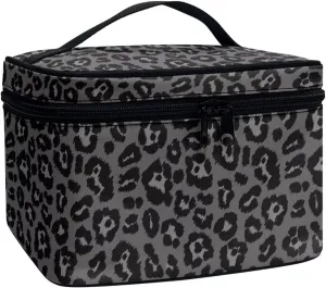 Black Leopard Print Makeup Bag Travel Toiletry Bag with Brush Holder Large Travel Makeup Cosmetics Case Organizer Bag Portable Skincare Organizer Travel Tote Bag with Zipper Gifts for Women