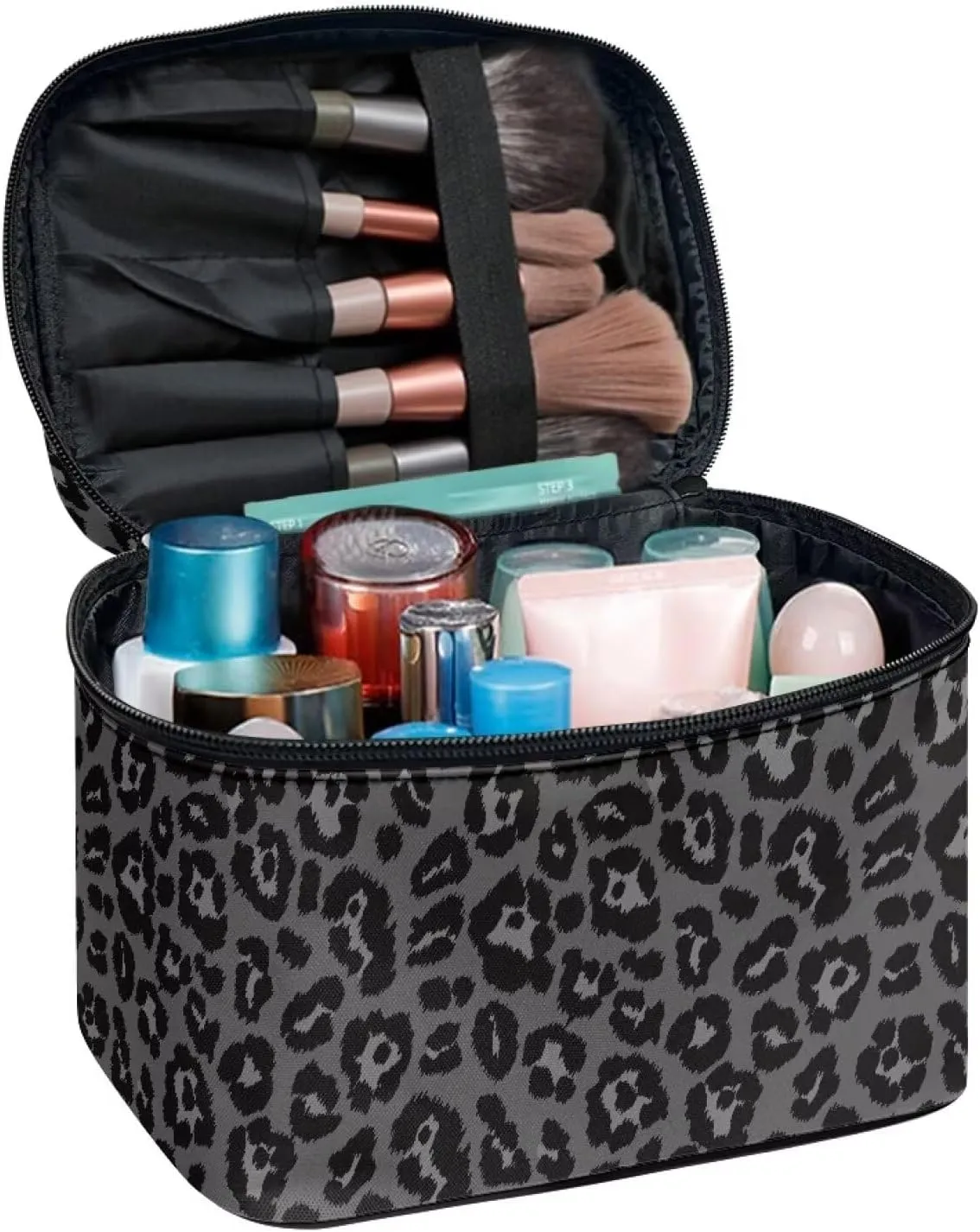 Black Leopard Print Makeup Bag Travel Toiletry Bag with Brush Holder Large Travel Makeup Cosmetics Case Organizer Bag Portable Skincare Organizer Travel Tote Bag with Zipper Gifts for Women