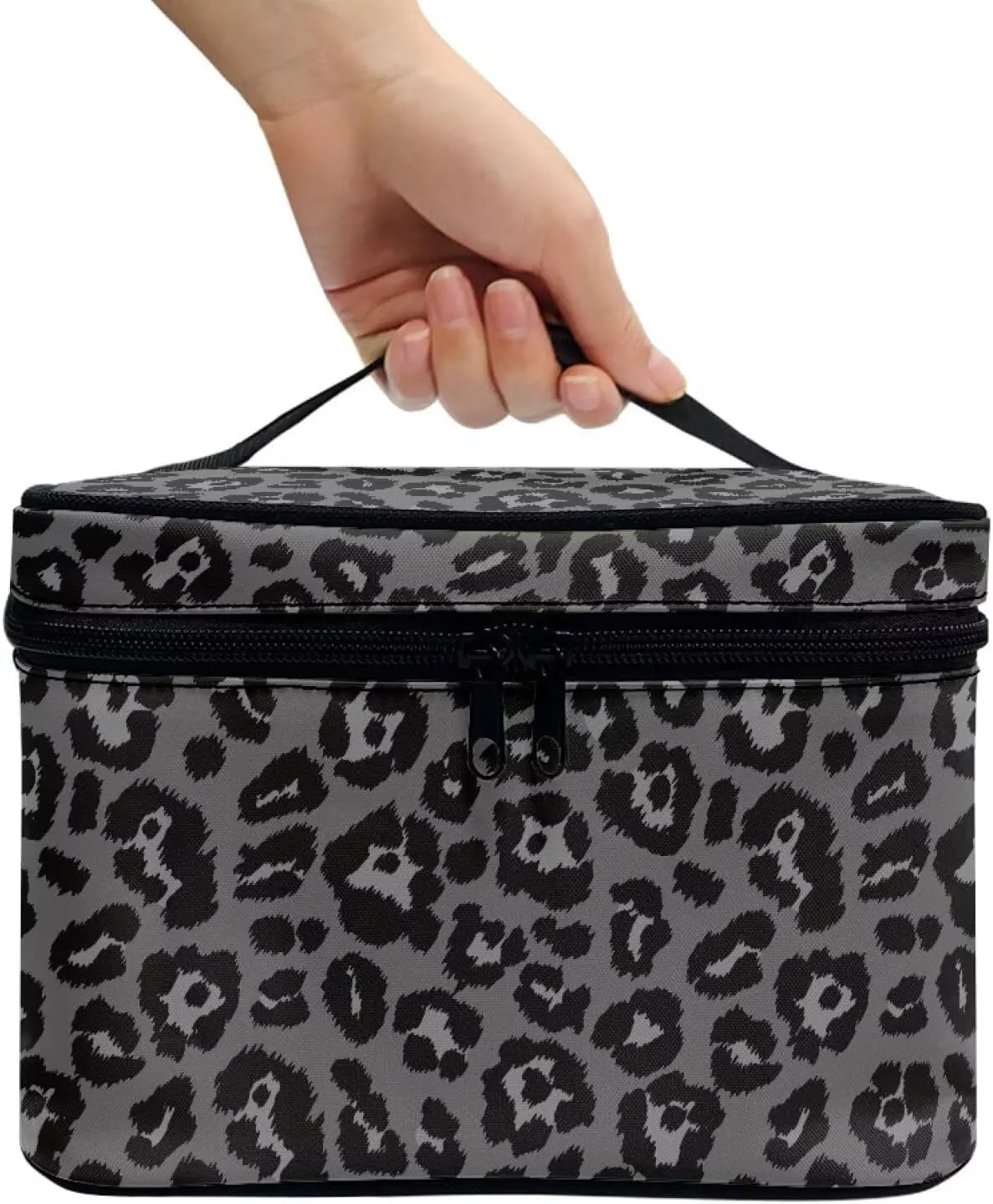Black Leopard Print Makeup Bag Travel Toiletry Bag with Brush Holder Large Travel Makeup Cosmetics Case Organizer Bag Portable Skincare Organizer Travel Tote Bag with Zipper Gifts for Women