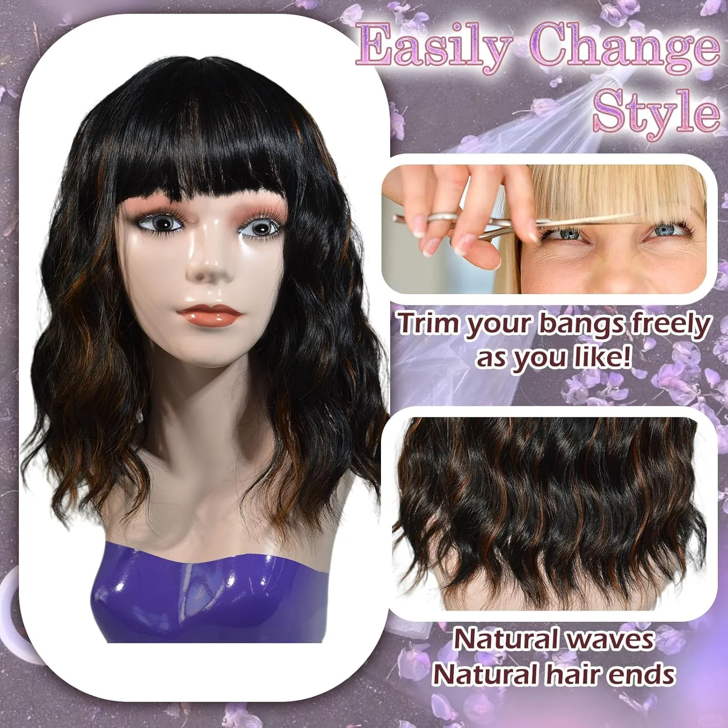 Black Mixed Brown Wig With Bangs Synthetic Wigs Shoulder Length Bob Wigs Heat Resistant Wigs for Women 14 Inch