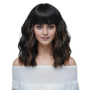 Black Mixed Brown Wig With Bangs Synthetic Wigs Shoulder Length Bob Wigs Heat Resistant Wigs for Women 14 Inch