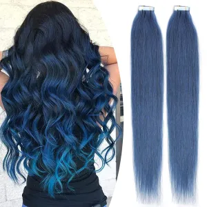 Blue Hair Extensions Tape in Human Hair 24 Inch Double Sided Adhesive Tape-on Skin Wefts Remy Hair Extensions Bright Blue Invisible Seamless Tape-ins Real Thick Hair 20Pcs 70g