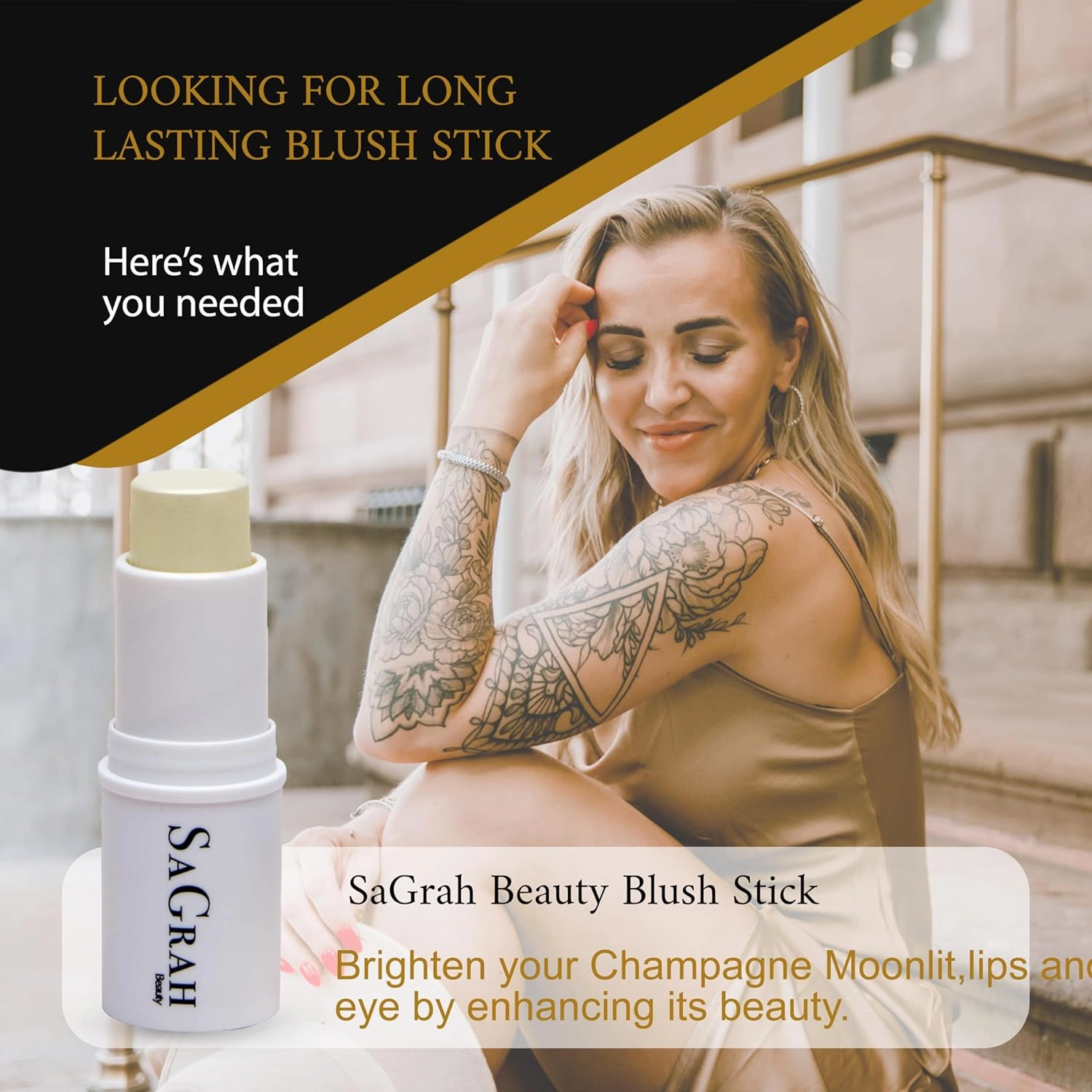 Blush Stick - Long Wearing Makeup Stick - Skincare Cosmetic Cruelty-Free Multistick for Cheeks, Lips & Eyes (Champagne Moonlit)