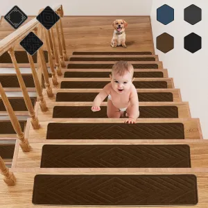 Brown Stair Treads for Wooden Steps,15 Pack 30" X 8" Non Slip Stairs Carpet Treads Indoor Stair Mats for Kids Elders and Pets