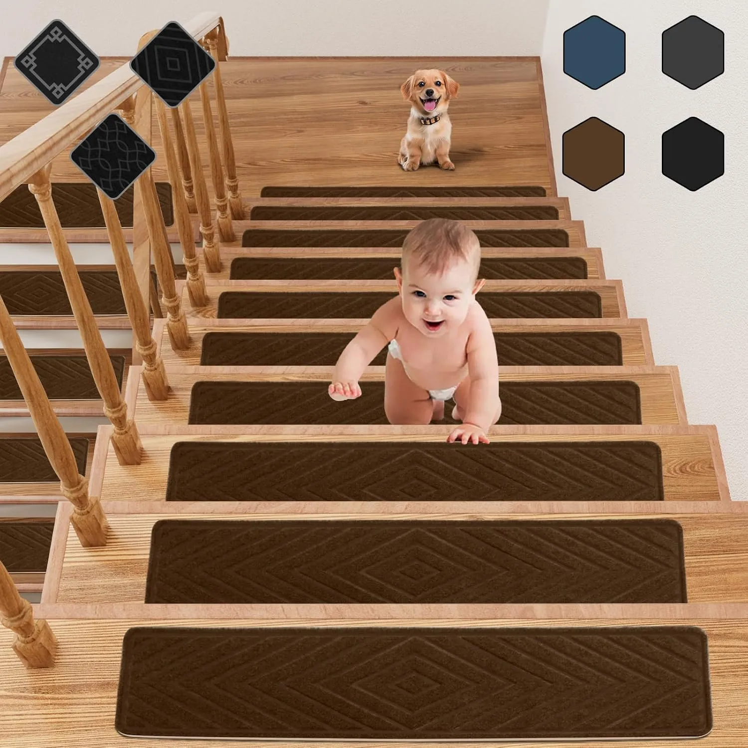 Brown Stair Treads for Wooden Steps,15 Pack 30" X 8" Non Slip Stairs Carpet Treads Indoor Stair Mats for Kids Elders and Pets