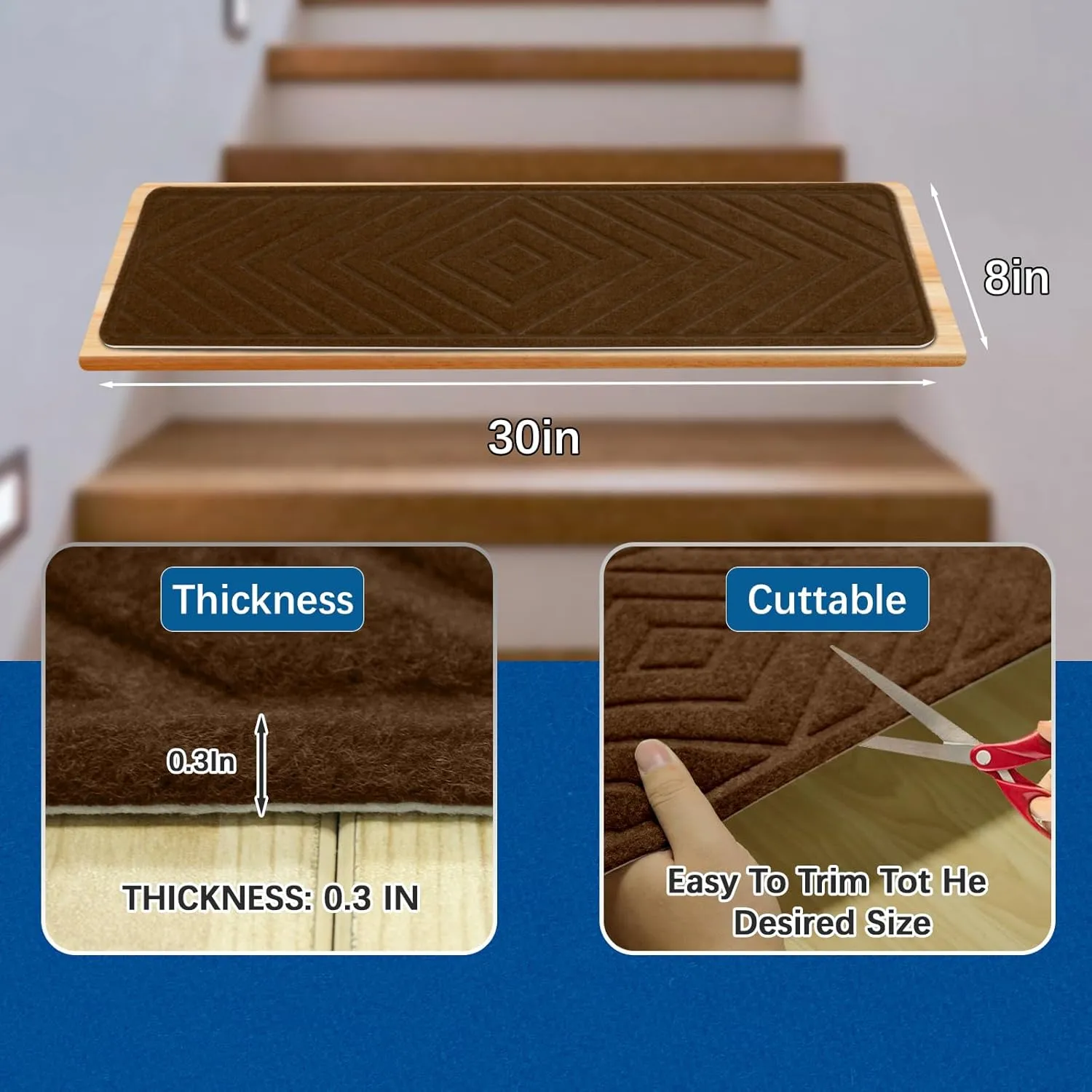 Brown Stair Treads for Wooden Steps,15 Pack 30" X 8" Non Slip Stairs Carpet Treads Indoor Stair Mats for Kids Elders and Pets