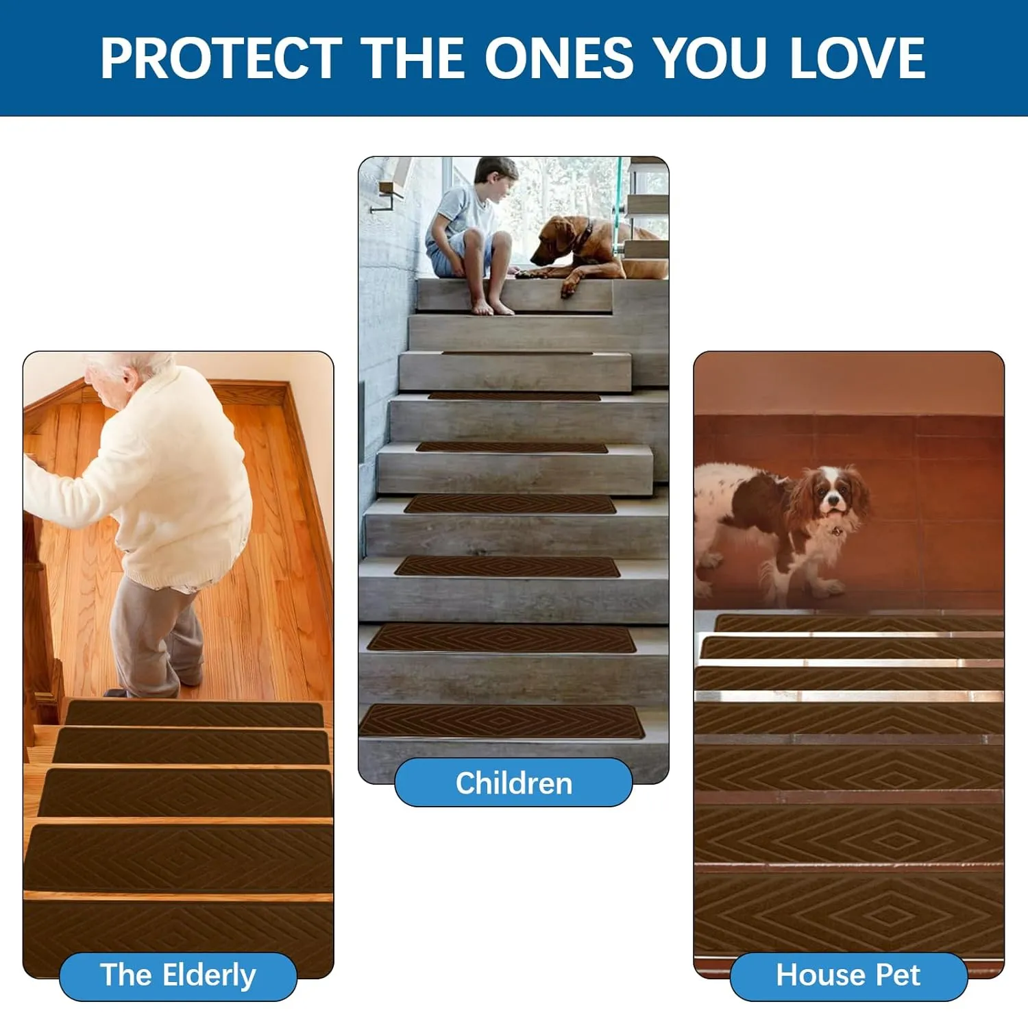 Brown Stair Treads for Wooden Steps,15 Pack 30" X 8" Non Slip Stairs Carpet Treads Indoor Stair Mats for Kids Elders and Pets