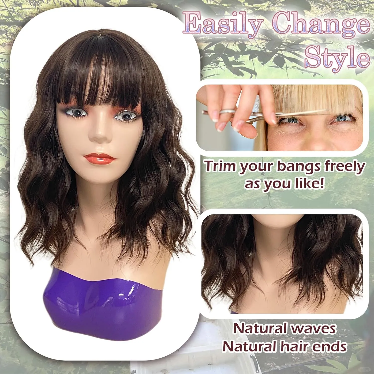 Brown Wig with Bangs Bob Wig Synthetic Short Bob Wig Dark Brown Wavy Wig Synthetic Heat Resistant Fiber Wigs for Women 14 Inch