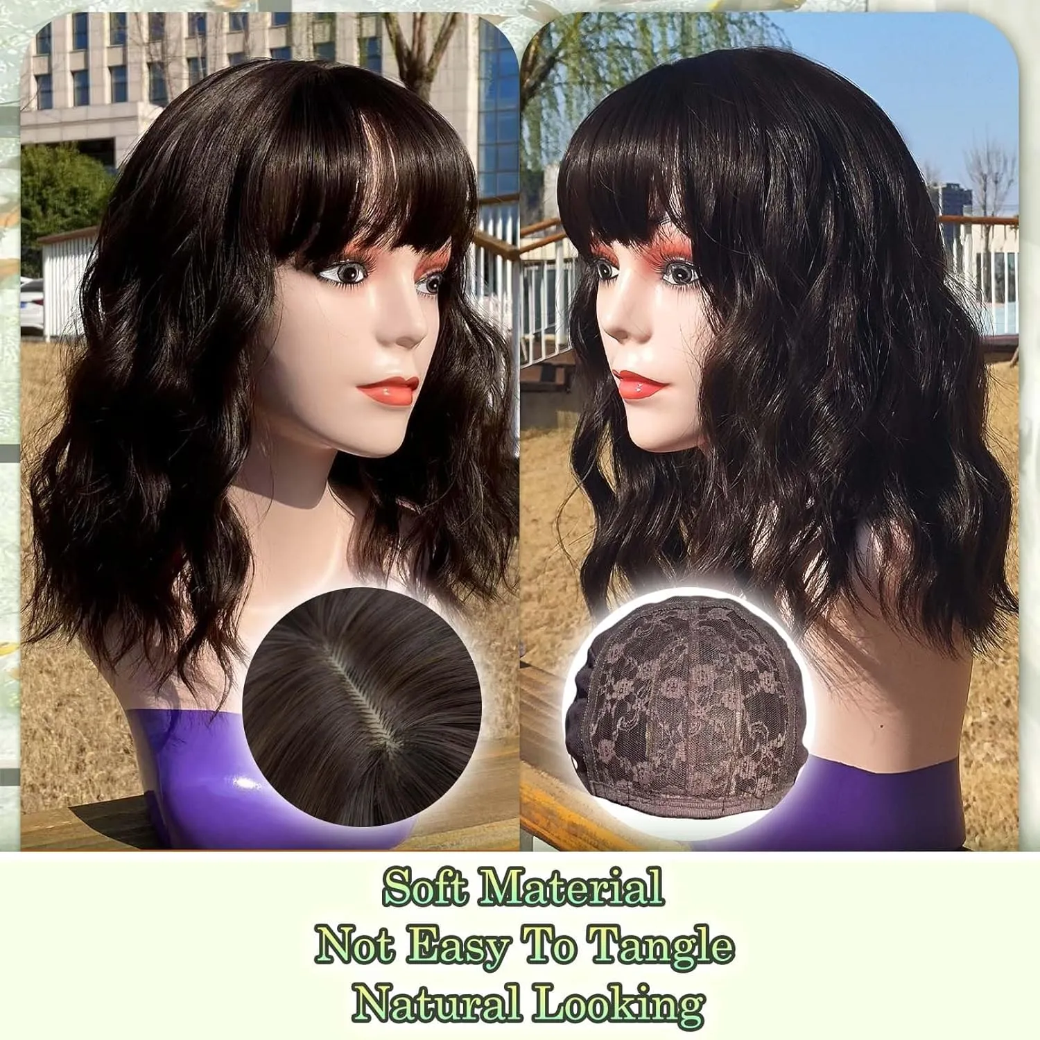 Brown Wig with Bangs Bob Wig Synthetic Short Bob Wig Dark Brown Wavy Wig Synthetic Heat Resistant Fiber Wigs for Women 14 Inch