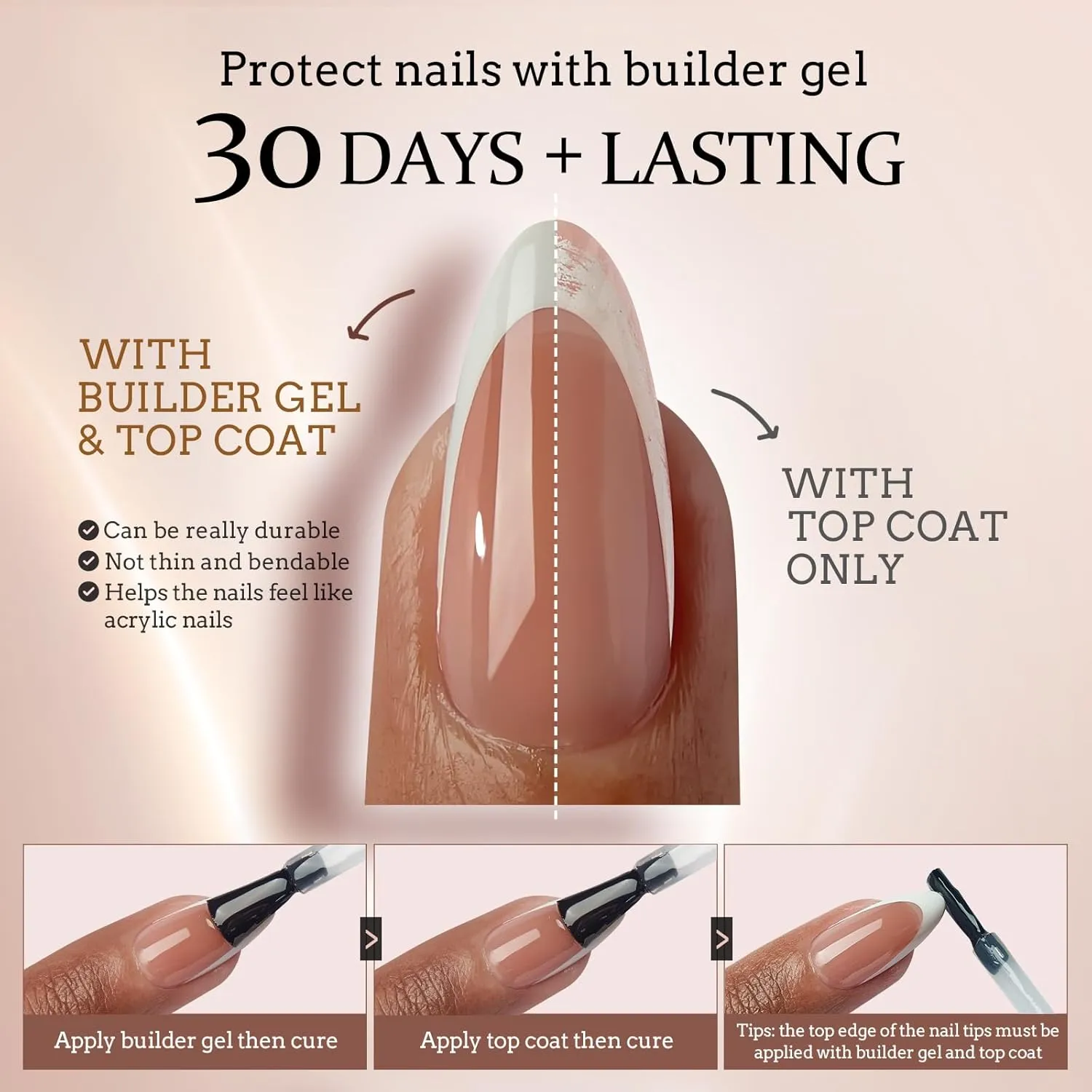 BTArtboxnails XCOATTIPS French Tip Nails - Extra Long Press On Nails, 160 Pcs Brown Soft Gel Nail Tips Square Pre-applied Tip Primer & Base Coat, No Need File False Nails for Home DIY, 16 Sizes